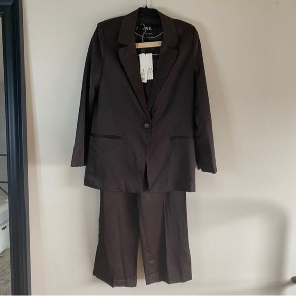 𝅺zara 2 Piece SUIT - BLAZER AND FULL LENGTH SATIN EFFECT PANTS BROWN - Picture 10 of 16